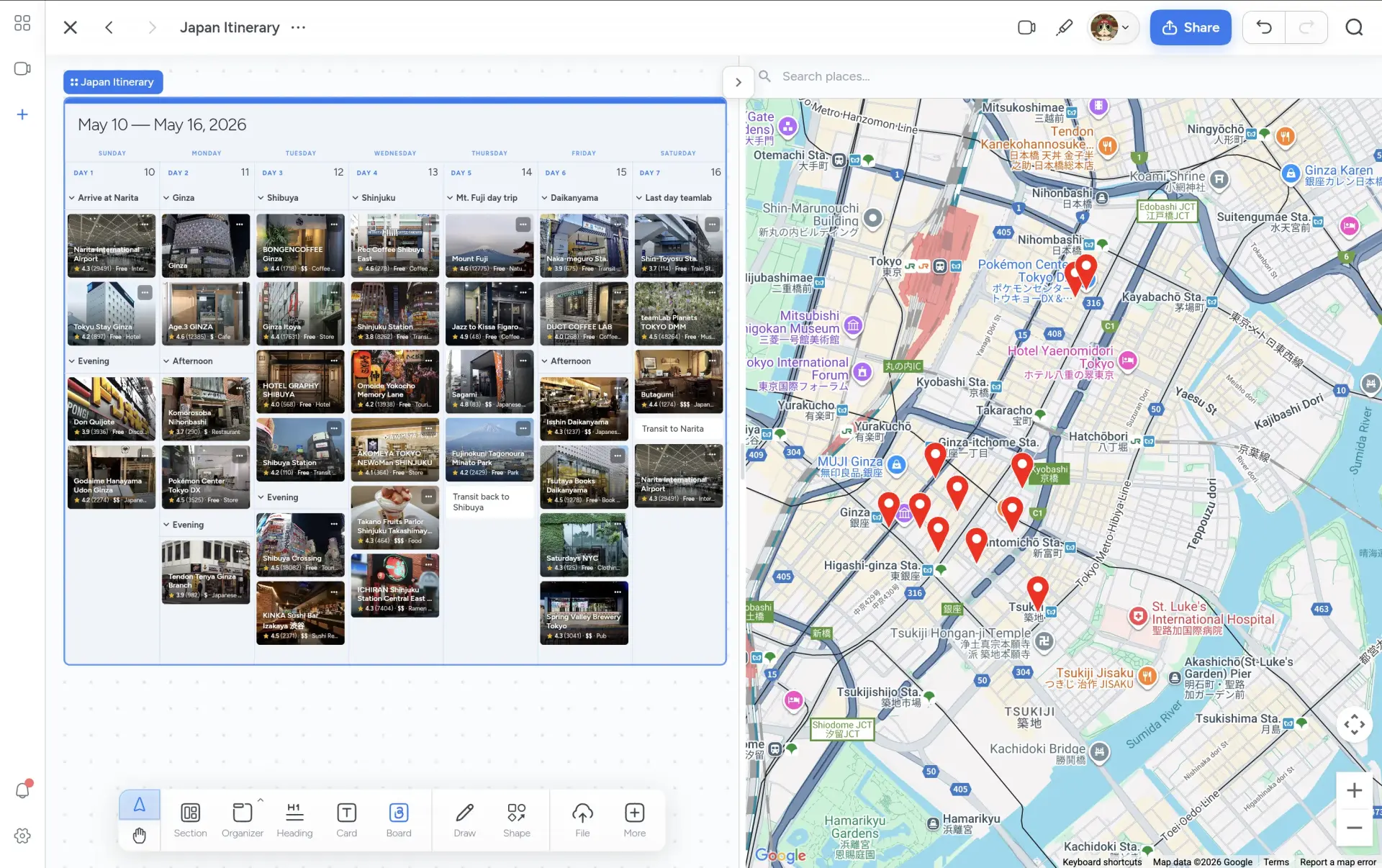 Travel itinerary Instaboard canvas with map